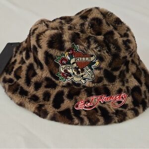 Ed Hardy Leopard Print Faux Fur Bucket Hat with Skull Patch - Brown, Black, Red
